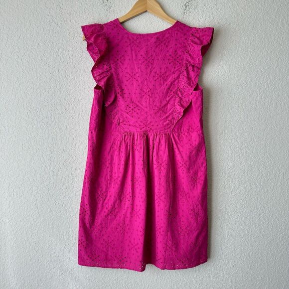 NWT LOFT Lined Petite Eyelet Button Ruffle Swing Dress in Fuchsia - Picture 6 of 12